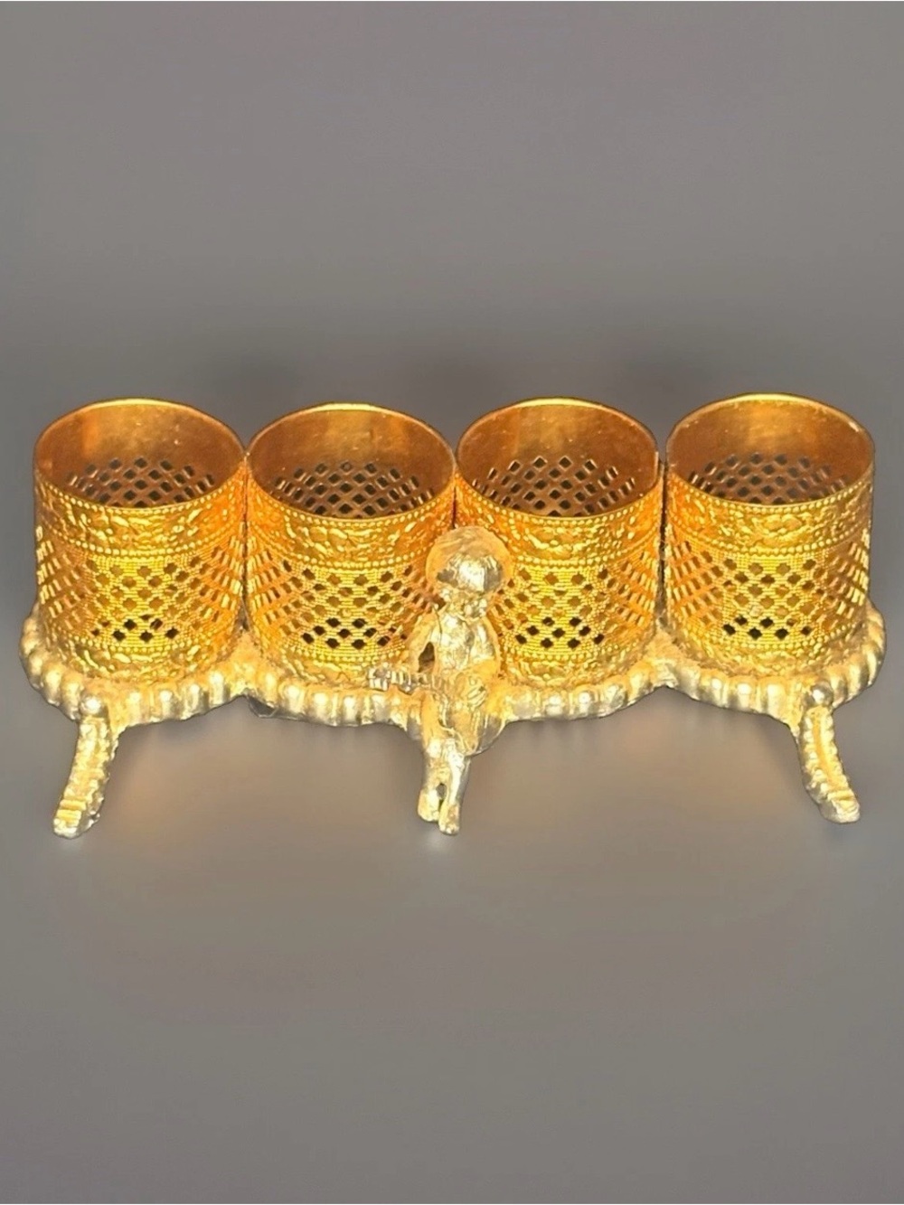 Hollywood Regency Gold Ormolu Filigree Cherub 4 Slot Lipstick Holder Vintage